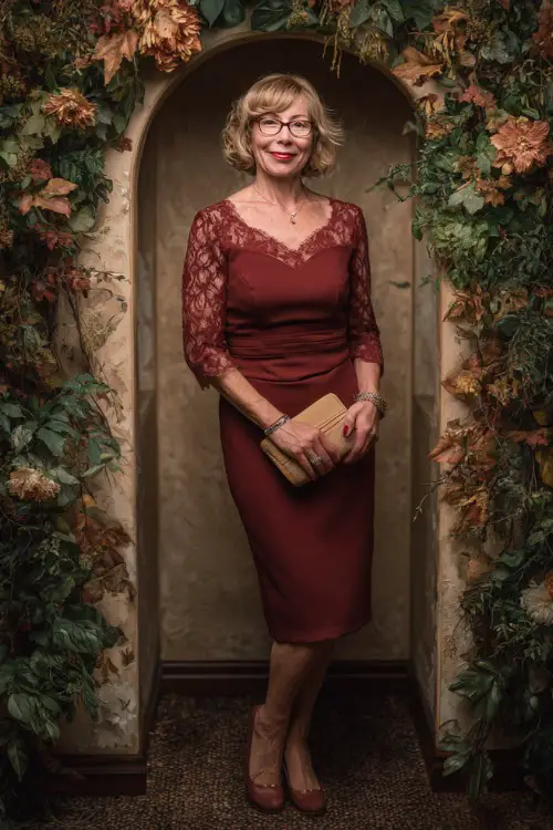 Woman over 50 in a burgundy A-line midi dress with lace sleeves, holding a clutch and smiling in front of a floral arch, October leaves around her 