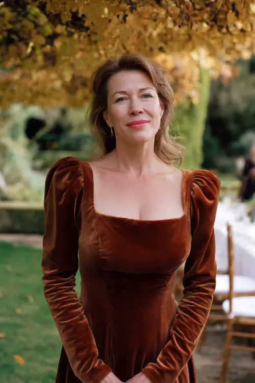 Woman over 50 in a dark rust velvet gown with a square neckline and long fitted sleeves, standing beneath golden foliage in a formal garden