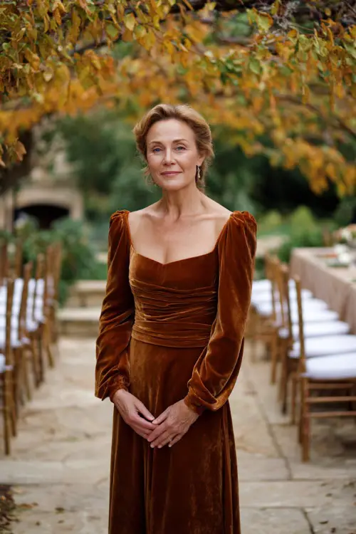 Woman over 50 in a dark rust velvet gown with a square neckline and long fitted sleeves, standing beneath golden foliage in a formal garden with white chairs set for an October wedding