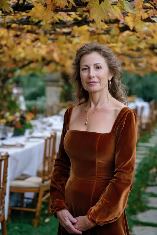 Woman over 50 in a dark rust velvet gown with a square neckline and long fitted sleeves, standing beneath golden foliage in a formal garden