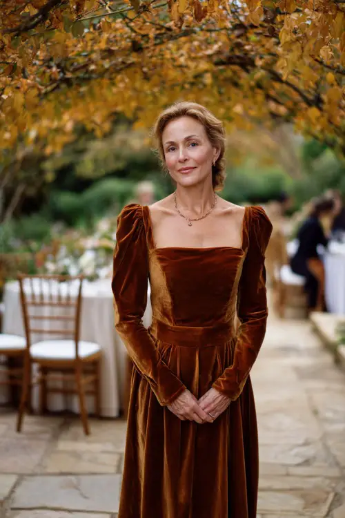 Woman over 50 in a dark rust velvet gown with a square neckline and long fitted sleeves