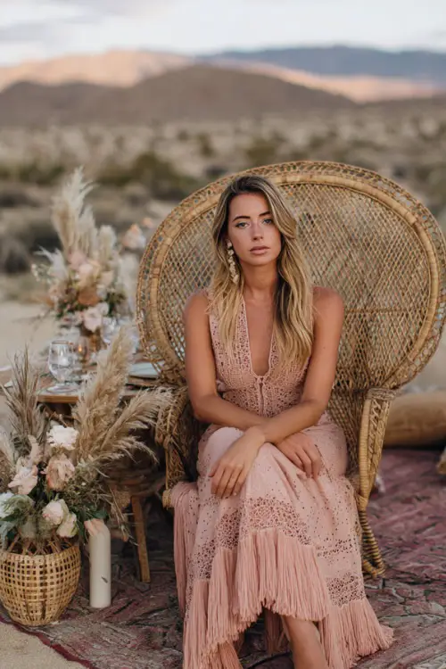 Woman wearing a blush pink crochet-trimmed midi dress with fringe shawl, sitting on a rattan chair at a desert-inspired October wedding, full body 