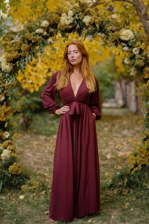 Woman wearing a burgundy maxi dress with subtle pleats and long sleeves, standing under an outdoor floral arch with golden October foliage, full body 