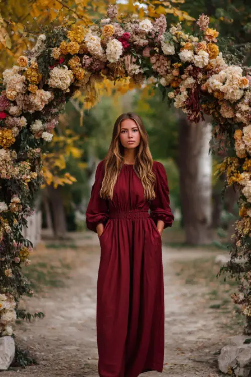 Woman wearing a burgundy maxi dress with subtle pleats and long sleeves, standing under an outdoor floral arch with golden October foliage, full body