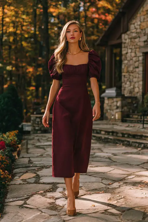 Woman wearing a burgundy puff sleeve cotton midi dress with a smocked bodice, paired with closed-toe low block heels in chestnut brown and minimalist gold jewelry
