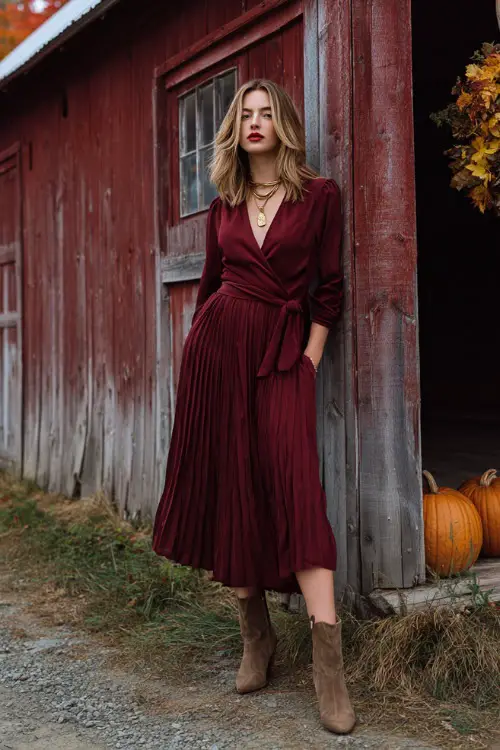 Woman wearing a burgundy wrap midi dress with a pleated skirt and belted waist, paired with suede ankle boots and a gold pendant necklace 