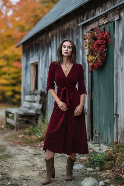 Woman wearing a burgundy wrap midi dress with a pleated skirt and belted waist, paired with suede ankle boots and a gold pendant necklace