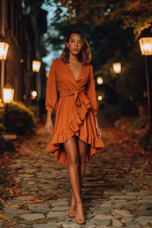 Woman wearing a burnt orange wrap dress with a ruffled hem and ankle-strap heels, posing on a cobblestone path lined with lanterns and autumn leaves 