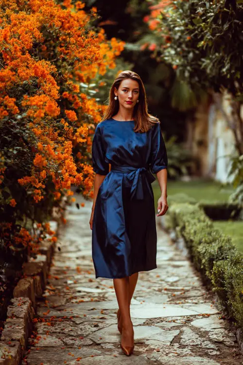 Woman wearing a deep blue satin midi dress with three-quarter sleeves and pearl earrings, walking on a garden pathway surrounded by orange leaves