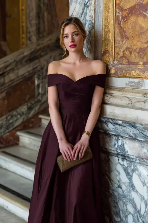 Woman wearing a deep burgundy off-the-shoulder gown with a fitted bodice and soft A-line skirt, accessorized with a simple gold bracelet and clutch