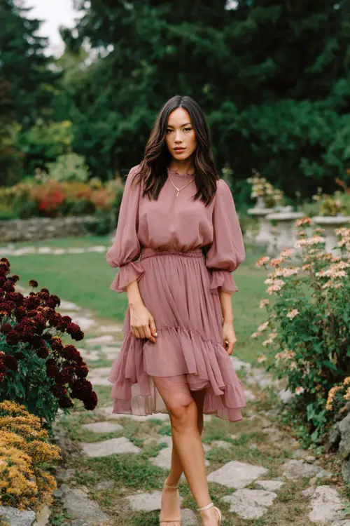 Woman wearing a dusty rose chiffon dress with flutter sleeves and a tiered skirt, paired with beige ankle strap heels and minimal jewelry