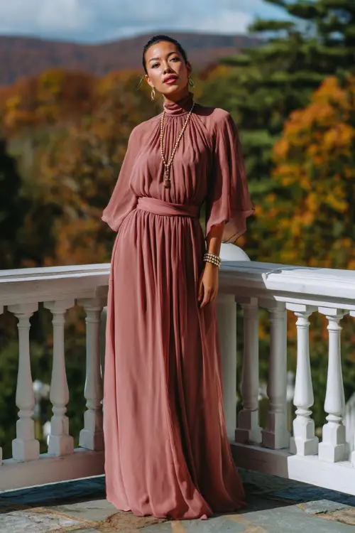 Woman wearing a dusty rose chiffon gown with a high neckline and flutter sleeves, accessorized with delicate pearl jewelry, standing on a terrace overlooking fall trees 