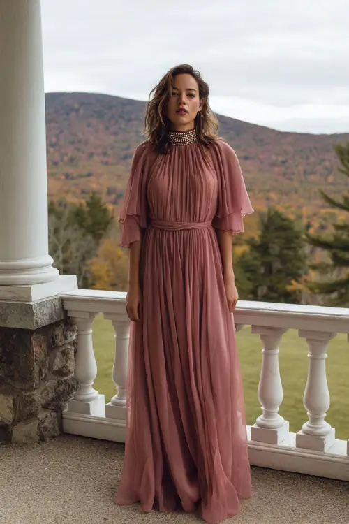 Woman wearing a dusty rose chiffon gown with a high neckline and flutter sleeves, accessorized with delicate pearl jewelry, standing on a terrace overlooking fall trees