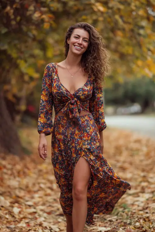 Woman wearing a floral-printed wrap maxi dress with a flowy silhouette and natural curls, walking barefoot on autumn leaves under a tree canopy