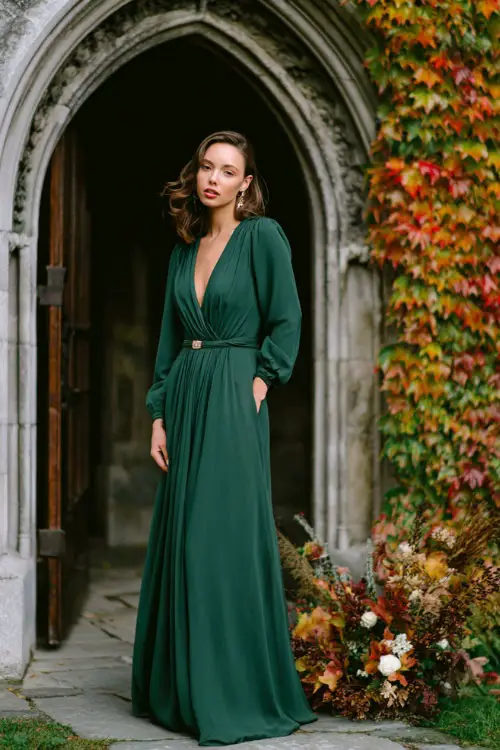 Woman wearing a forest green crepe gown with long sleeves and a V-neckline, paired with delicate stud earrings and a slim metallic belt 