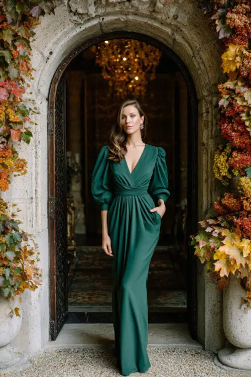 Woman wearing a forest green crepe gown with long sleeves and a V-neckline, paired with delicate stud earrings and a slim metallic belt
