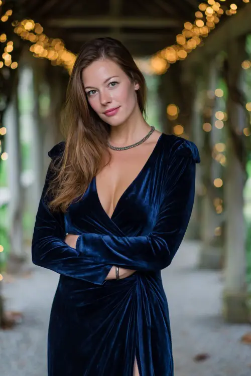 Woman wearing a midnight blue wrap gown with velvet texture and silver statement necklace, posing under a wooden pergola wrapped in fairy lights