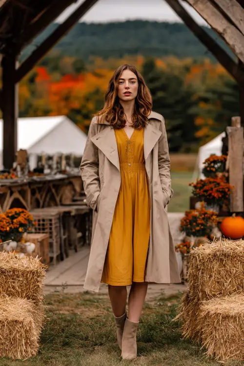 Woman wearing a mustard midi dress with long sleeves, layered under a light brown trench coat and suede ankle boots 