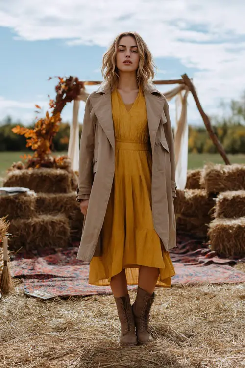 Woman wearing a mustard midi dress with long sleeves, layered under a light brown trench coat and suede ankle boots