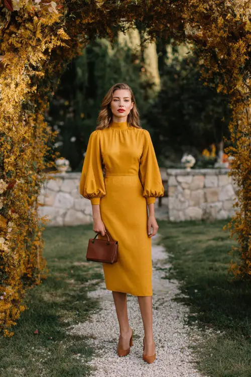 Woman wearing a mustard yellow midi dress with bishop sleeves and a high neckline, paired with brown block heels and a soft leather clutch