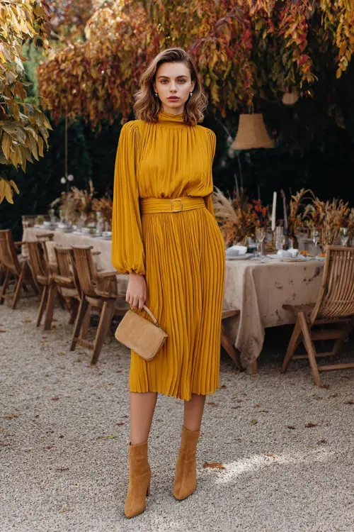 Woman wearing a mustard yellow pleated midi dress with a high neckline and belted waist, paired with tan suede ankle boots and a clutch
