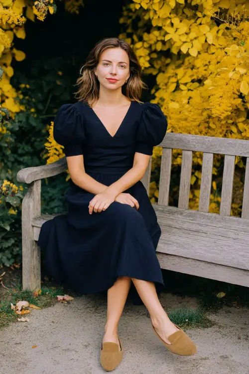 Woman wearing a navy A-line midi dress with puff sleeves and suede loafers, seated on a wooden bench at a casual fall wedding venue surrounded by yellow foliage 