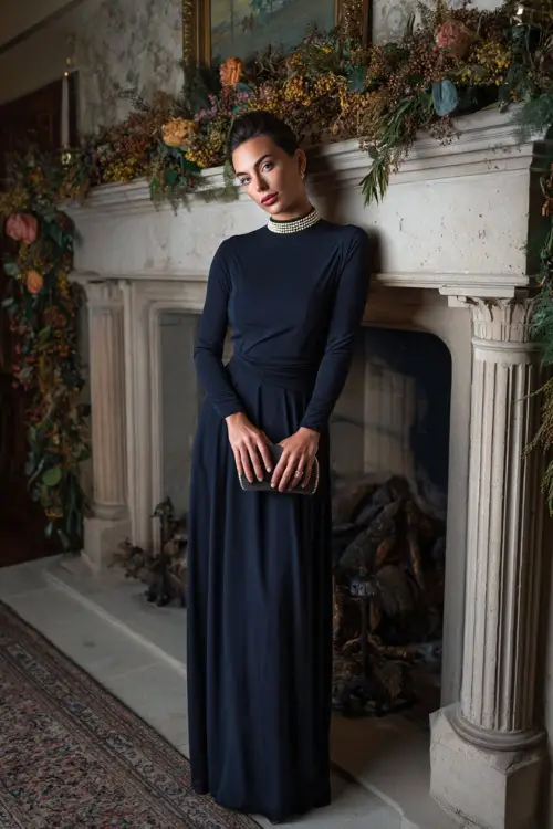 Woman wearing a navy crepe gown with long sleeves and a fitted waist, accessorized with a pearl choker and matching clutch 