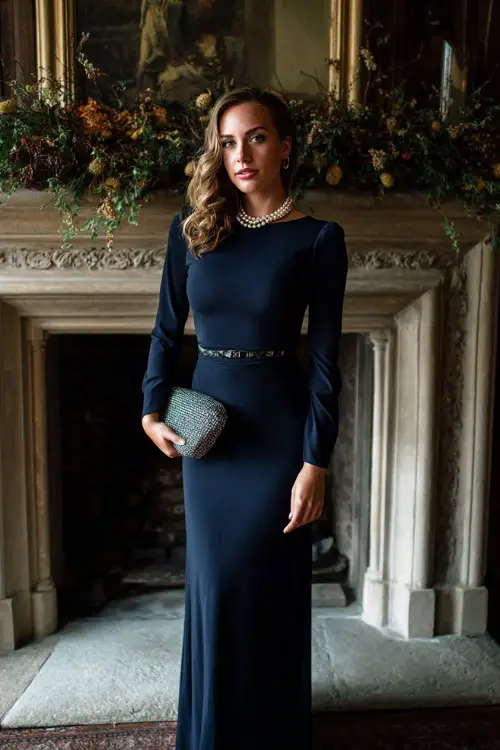 Woman wearing a navy crepe gown with long sleeves and a fitted waist, accessorized with a pearl choker and matching clutch 
