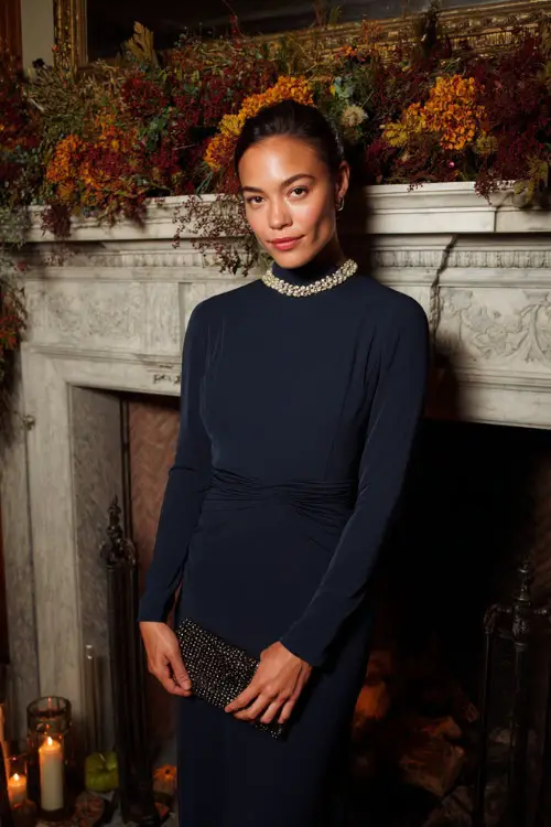 Woman wearing a navy crepe gown with long sleeves and a fitted waist, accessorized with a pearl choker and matching clutch