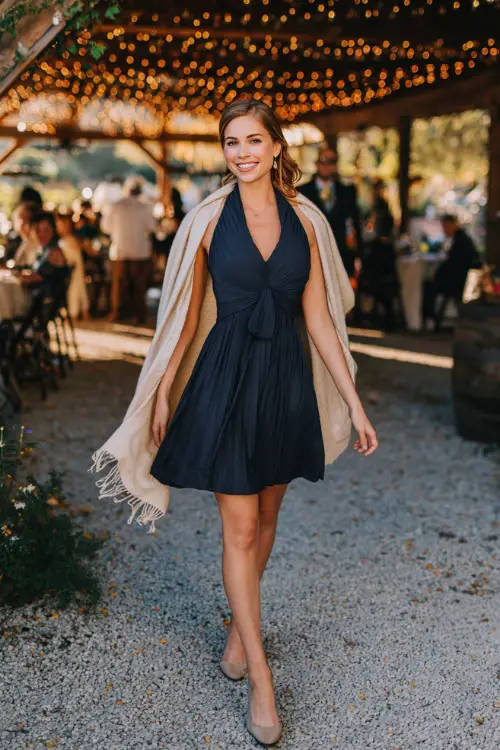 Woman wearing a navy dress with pleated skirt and keyhole neckline, styled with beige heels and a soft shawl, walking under a string-light canopy in a rustic October wedding setting