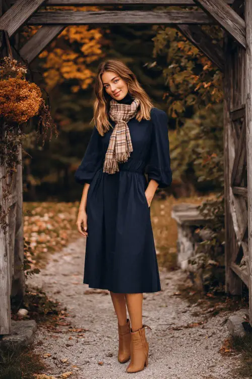 Woman wearing a navy high-neck midi dress with bell sleeves and a pleated skirt, styled with tan heeled boots and a soft plaid scarf, standing near a wooden arch adorned with October foliage