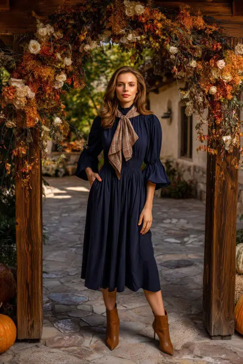 Woman wearing a navy high-neck midi dress with bell sleeves and a pleated skirt, styled with tan heeled boots and a soft plaid scarf