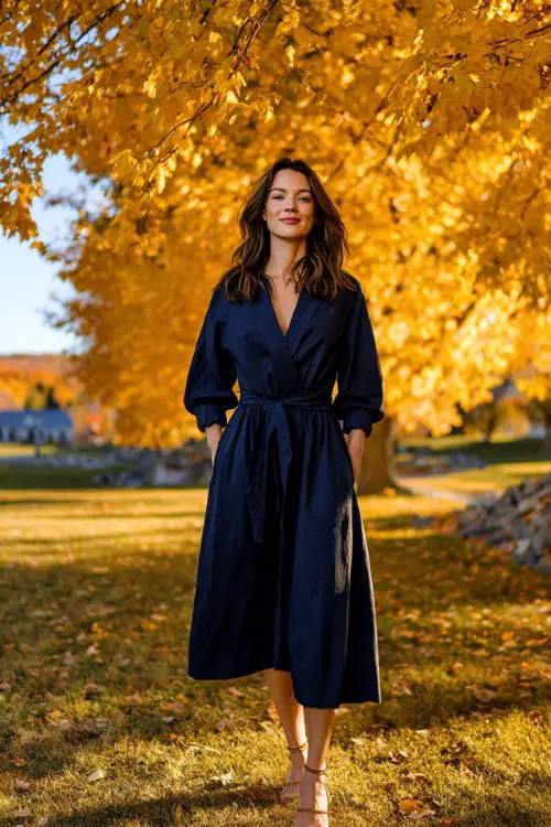 Woman wearing a navy midi dress with long sleeves and a tie waist, standing beneath golden autumn trees at an outdoor October wedding venue 