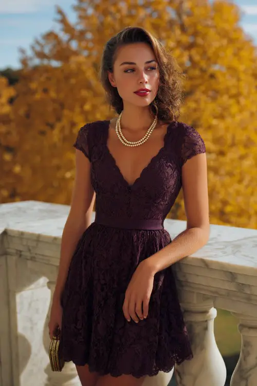 Woman wearing a plum lace fit-and-flare dress with cap sleeves, accessorized with a pearl necklace and clutch 