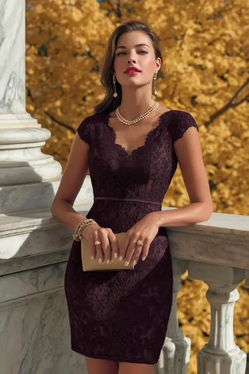 Woman wearing a plum lace fit-and-flare dress with cap sleeves, accessorized with a pearl necklace and clutch, standing on a marble balcony with golden fall foliage in the background
