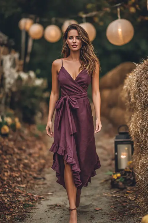 Woman wearing a plum midi dress with subtle ruffles and a tied waist, walking through an autumn path with lanterns and hay bales nearby, full body