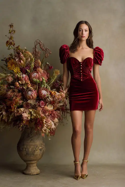 Woman wearing a ruby red velvet short dress with structured shoulders and a sweetheart neckline, paired with gold ankle strap heels, posing beside a tall floral centerpiece