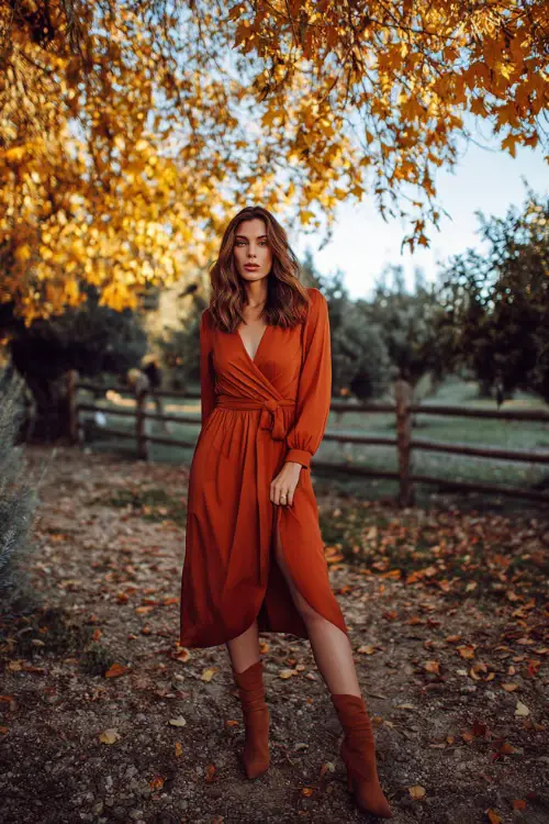 Woman wearing a rust-colored midi wrap dress with long sleeves and ankle boots, standing under golden autumn trees at an outdoor October wedding 