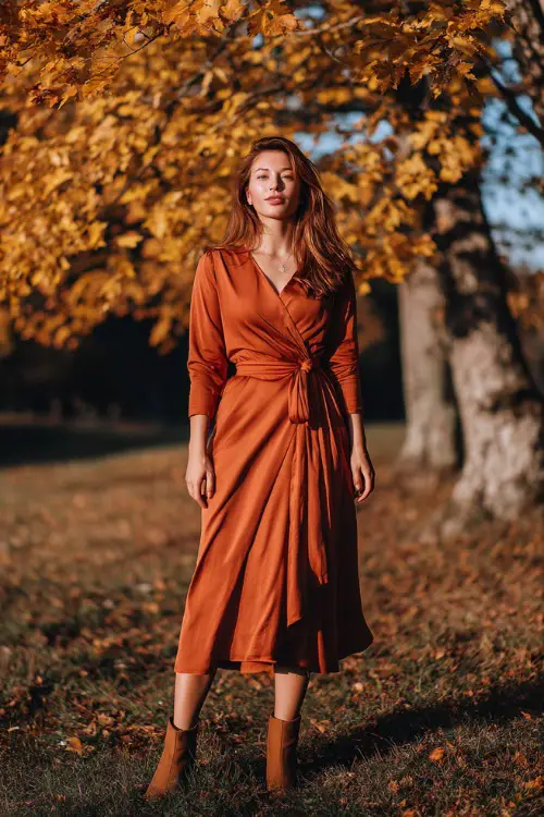 Woman wearing a rust-colored midi wrap dress with long sleeves and ankle boots, standing under golden autumn trees at an outdoor October wedding