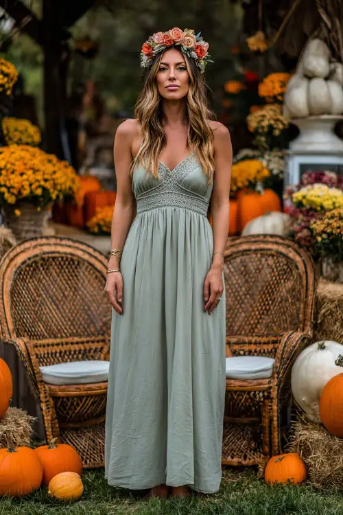 Woman wearing a sage green maxi dress with crochet details and a flower crown, standing beside vintage wedding chairs surrounded by pumpkins and fall florals 