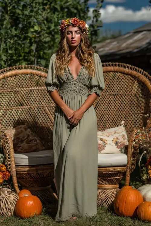 Woman wearing a sage green maxi dress with crochet details and a flower crown, standing beside vintage wedding chairs surrounded by pumpkins and fall florals 