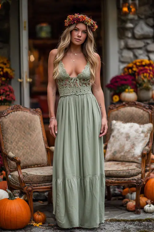 Woman wearing a sage green maxi dress with crochet details and a flower crown, standing beside vintage wedding chairs surrounded by pumpkins and fall florals