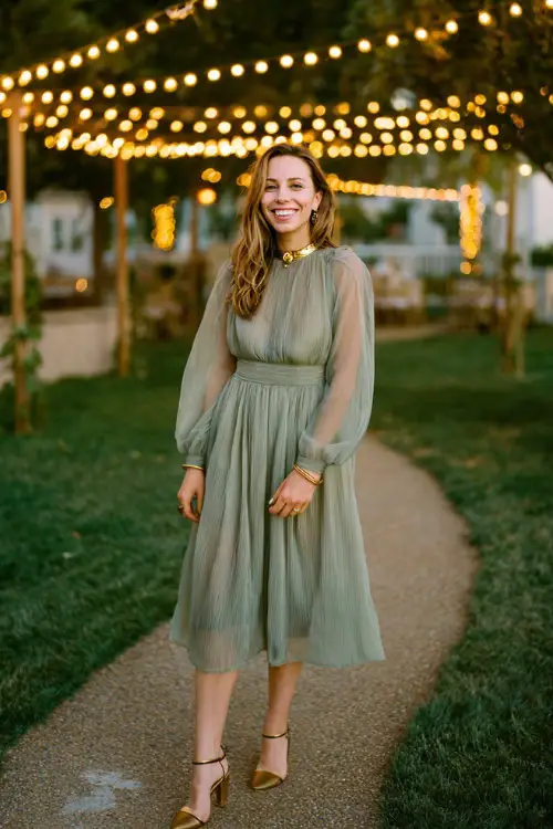Woman wearing a sage green midi dress with a pleated skirt and sheer long sleeves, accessorized with gold jewelry and heeled sandals 