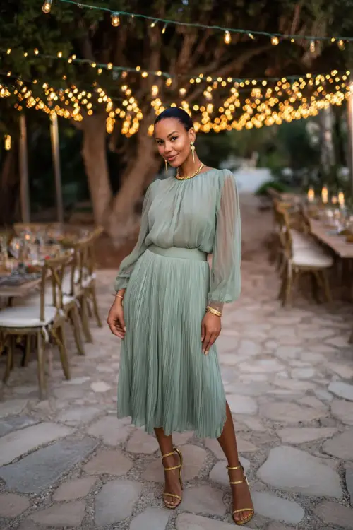Woman wearing a sage green midi dress with a pleated skirt and sheer long sleeves, accessorized with gold jewelry and heeled sandals 