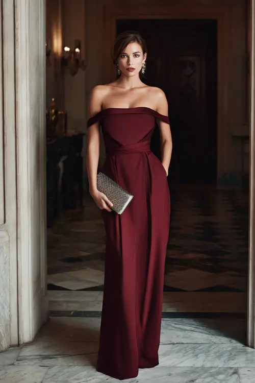 Woman wearing a wine-red gown with a bateau neckline and floor-length skirt, styled with a silver clutch and understated earrings, posing in a refined entryway with marble floors 