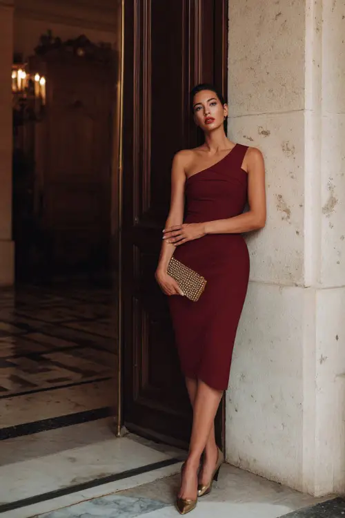 Woman wearing a wine-red one-shoulder cocktail dress with a fitted silhouette, accessorized with a beaded clutch and high heels, posing inside a grand entryway with marble floors 