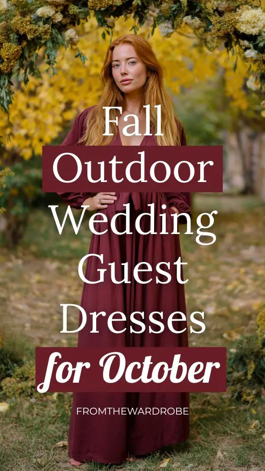 a woman wears a burgundy wedding guest dress for October outdoor wedding