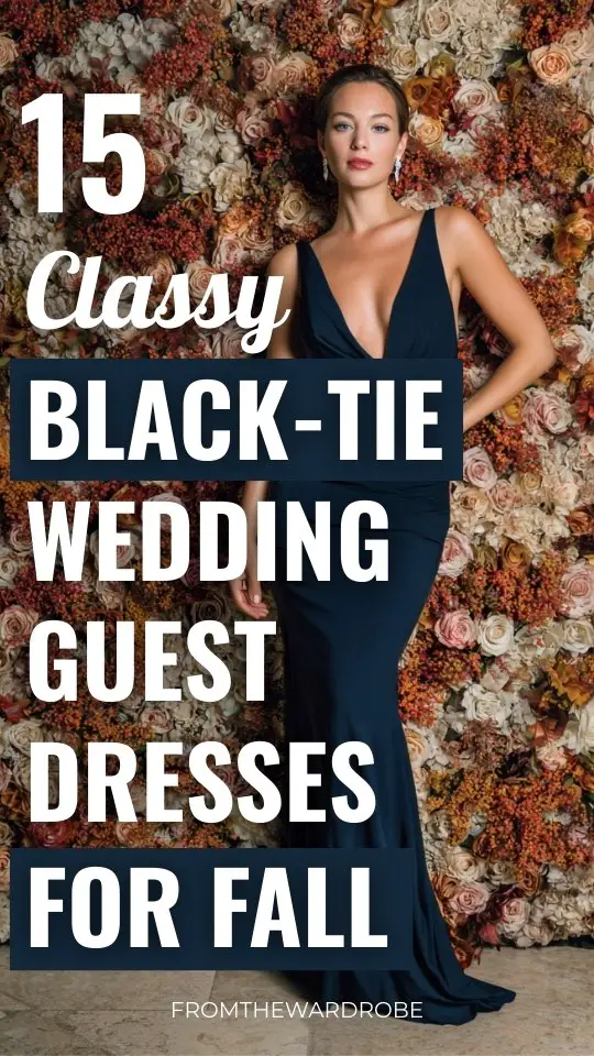 a woman wears a classy black tie wedding guest dress for fall