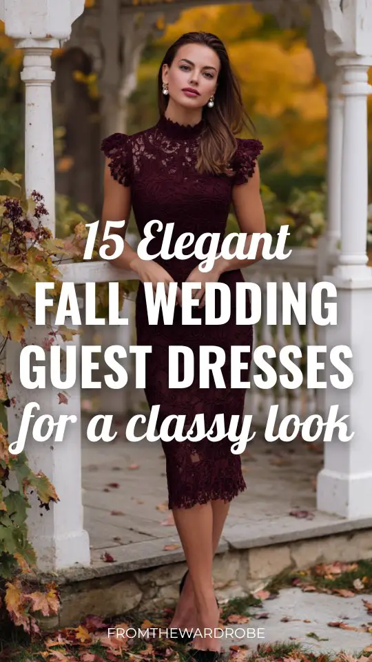 a woman wears a classy elegant burgundy lace fall wedding guest dress