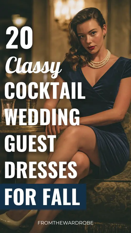 a woman wears a classy navy velvet cocktail wedding guest dress for fall